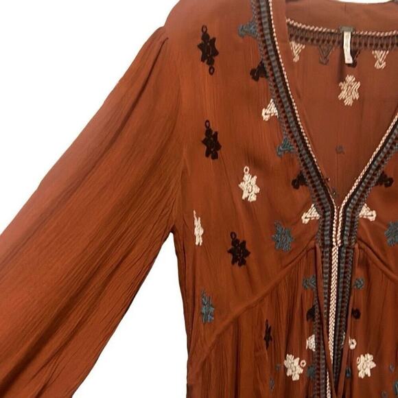 Free People Anthropologie Womens Brown Floral Embroidered Floral Mini Dress XS - Picture 3 of 8